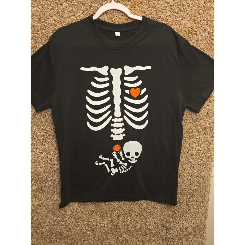Halloween Skeleton Baby Rib Cage Pregnant Pumpkin Unisex Black 2XL T-Shirt